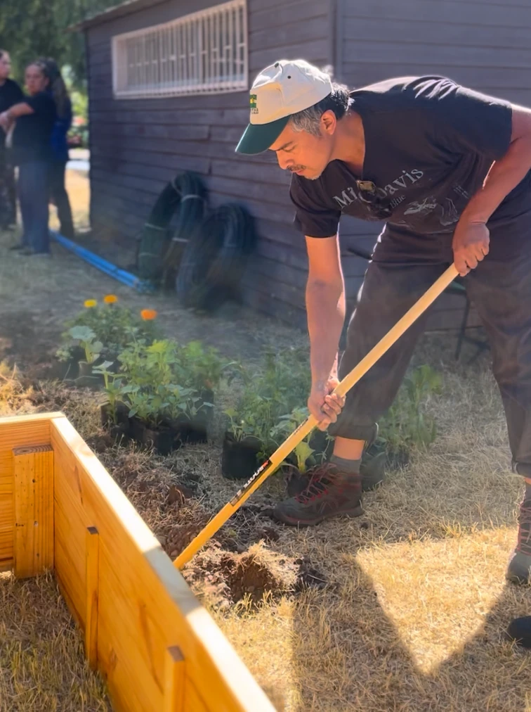 Voluntario preparando la tierra del huerto